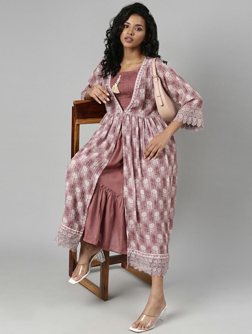 women mauve fit & flare dress with printed outer - 20605251 - Standard Image - 3