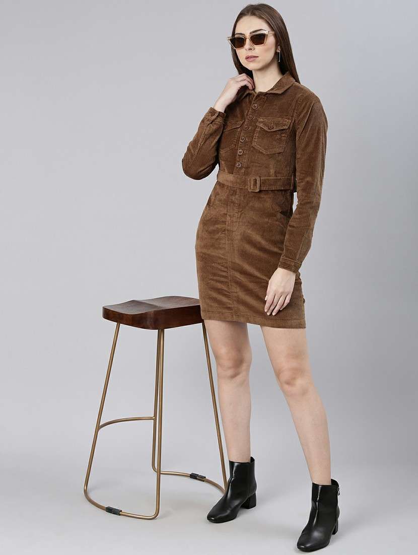 women brown corduroy mini shirt dress - 20605253 - Standard Image - 3