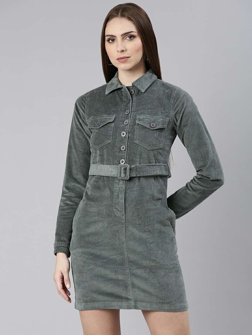 women teal grey corduroy mini shirt dress