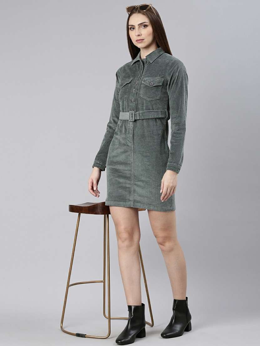 women teal grey corduroy mini shirt dress - 20605254 -  Standard Image - 3