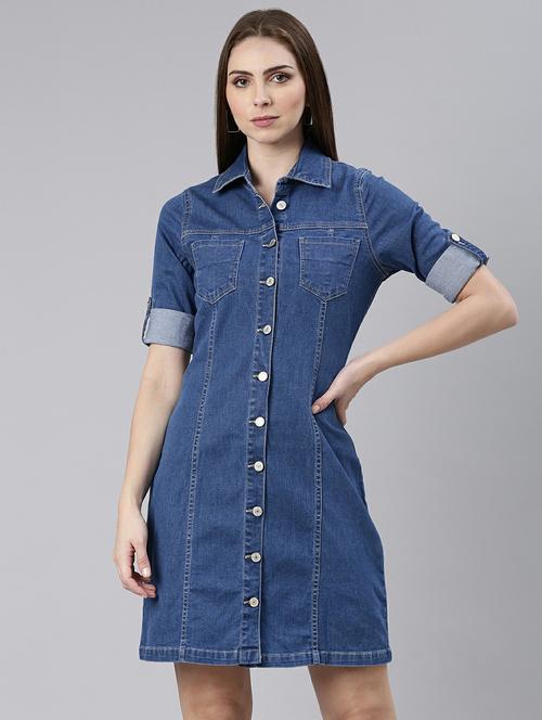 women blue solid mini shirt dress - 20605258 - Standard Image - 0
