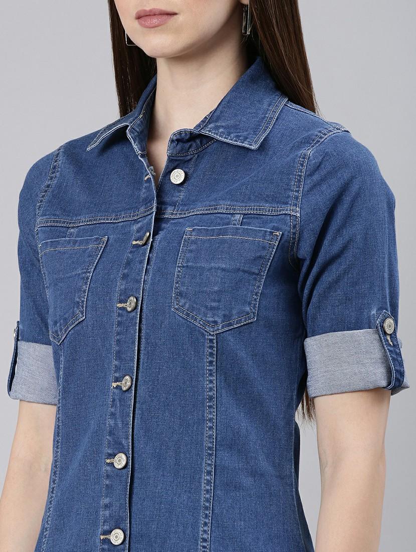 women blue solid mini shirt dress - 20605258 - Standard Image - 5