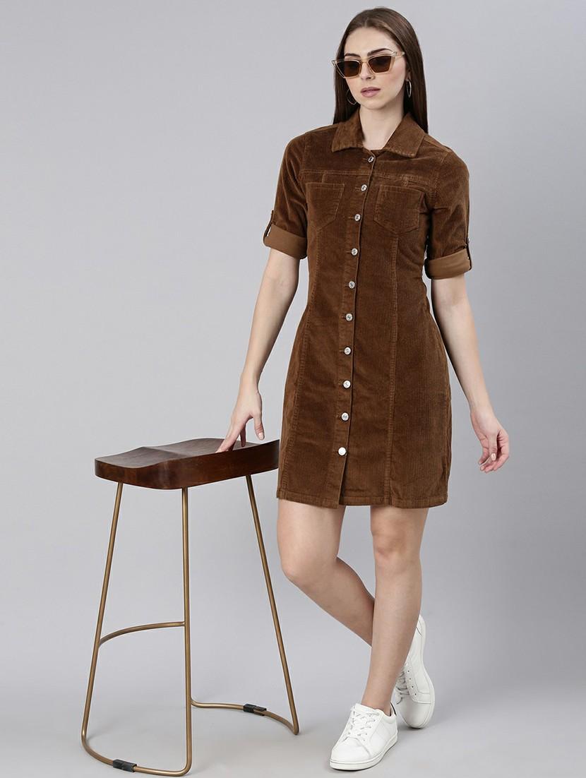 women brown corduroy mini shirt dress - 20605261 - Standard Image - 3