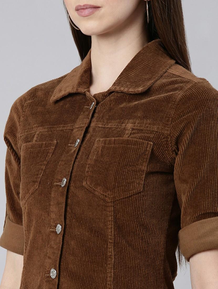 women brown corduroy mini shirt dress - 20605261 - Standard Image - 5