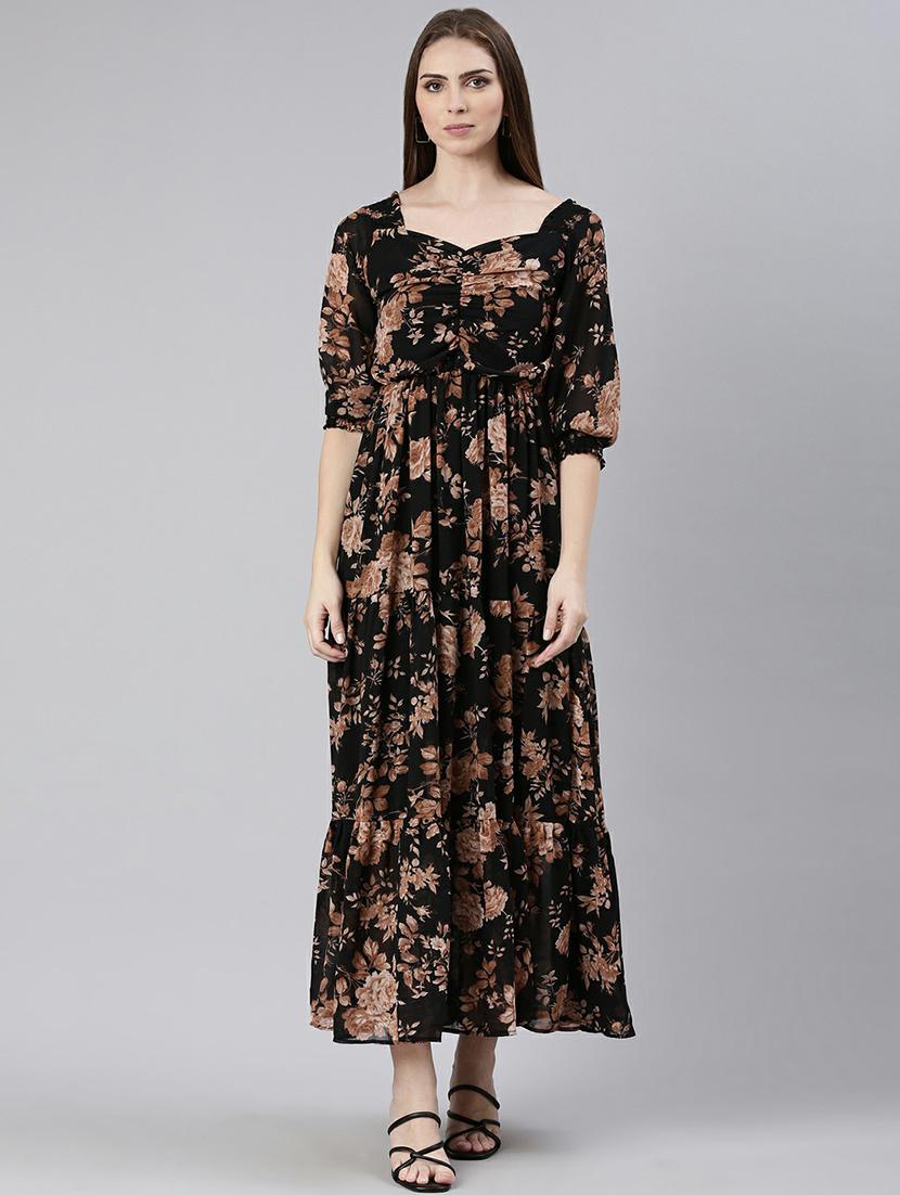 women black floral print fit & flare maxi dress - 20605271 - Zoom Image - 0