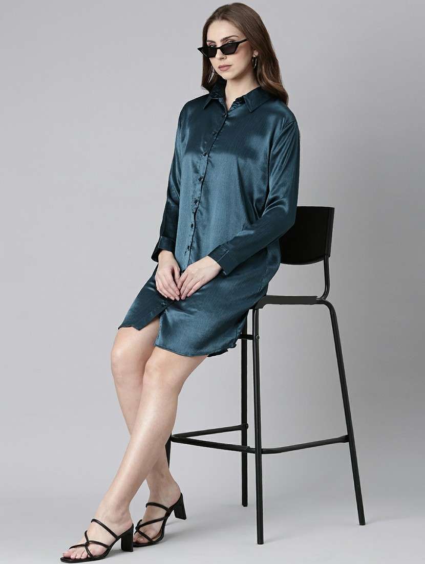 women teal blue satin shirt dress - 20605288 -  Standard Image - 3