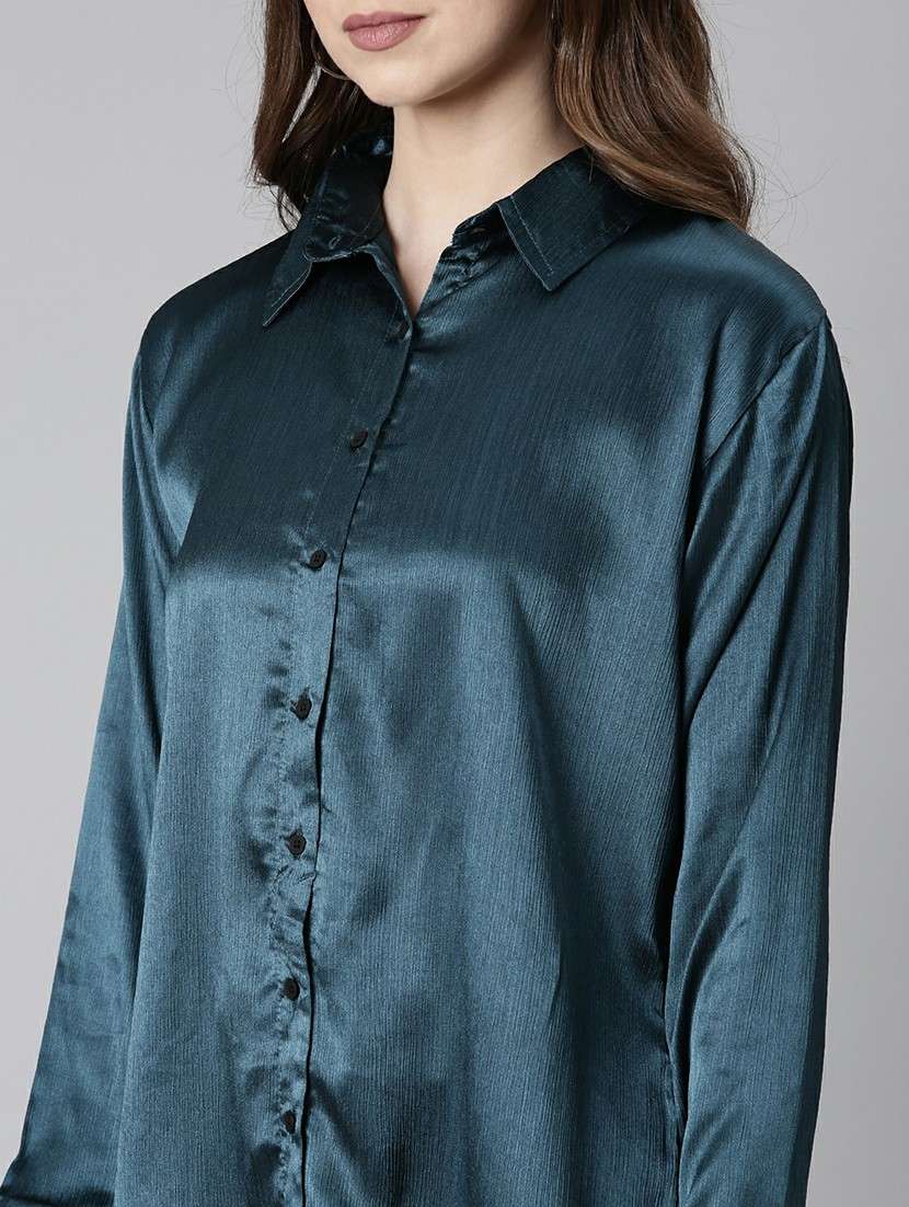 women teal blue satin shirt dress - 20605288 -  Standard Image - 5
