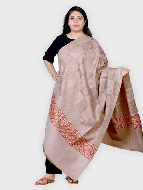 unisex taupe wool blend printed shawl - 20605577 -  Standard Image - 0