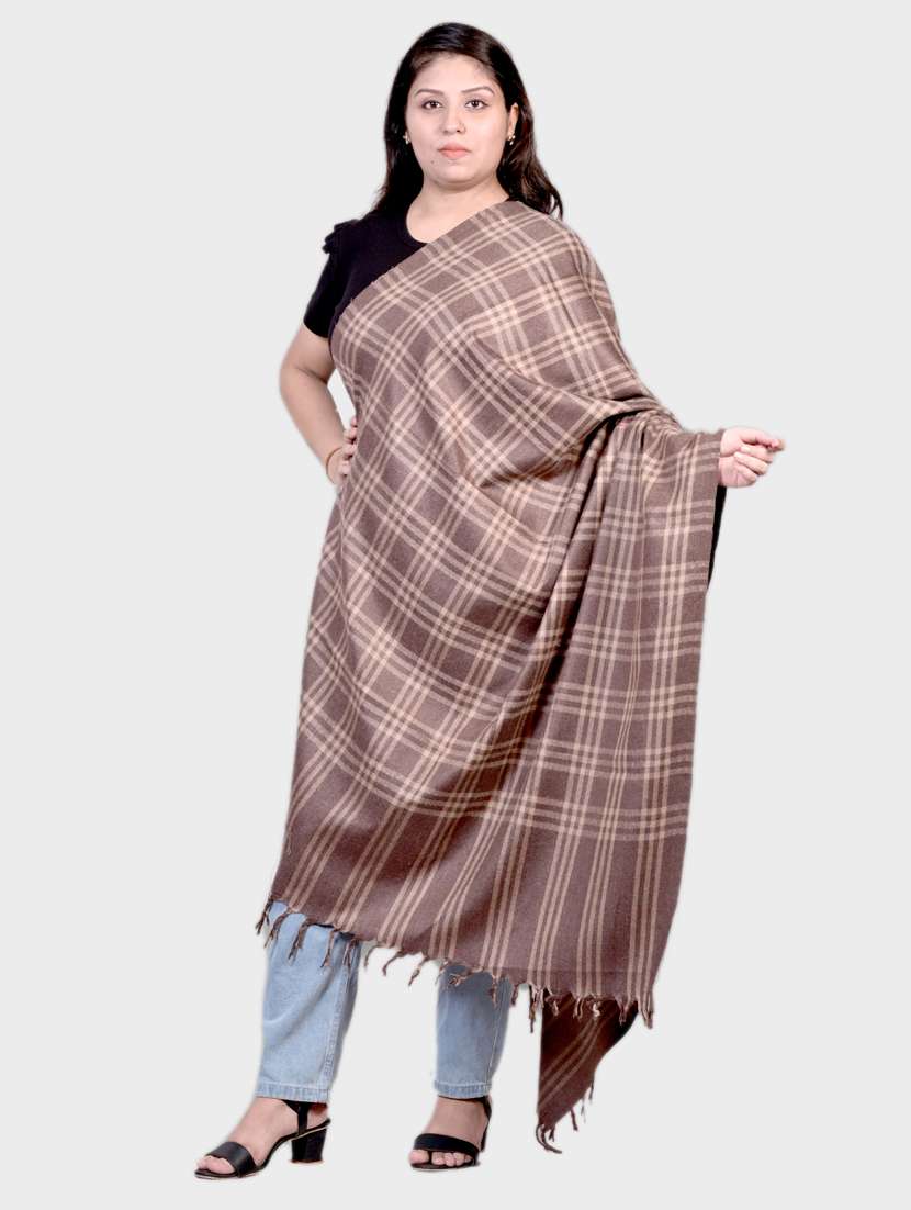 brown checks wool blend shawl - 20605621 -  Zoom Image - 0