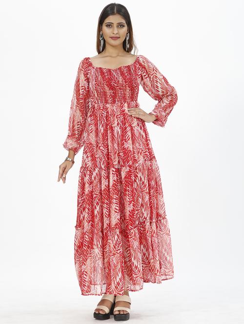 men red leaf print flared maxi dress - 20609172 - Standard Image - 0