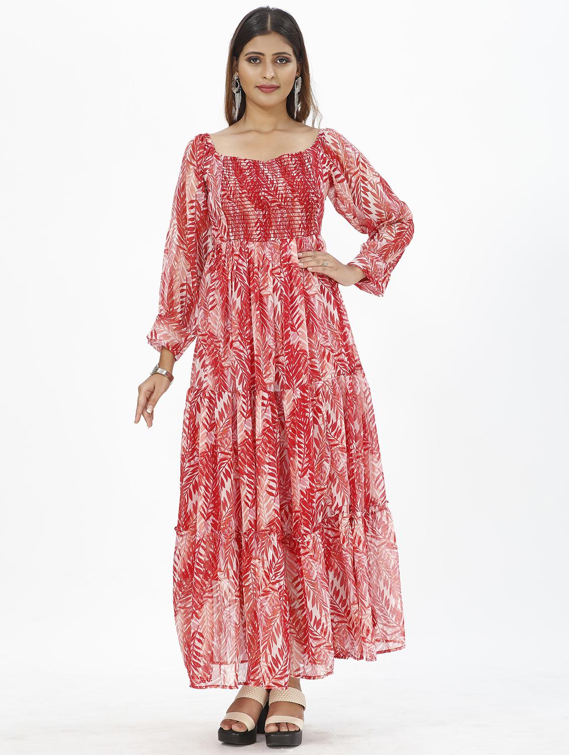 men red leaf print flared maxi dress - 20609172 - Zoom Image - 0