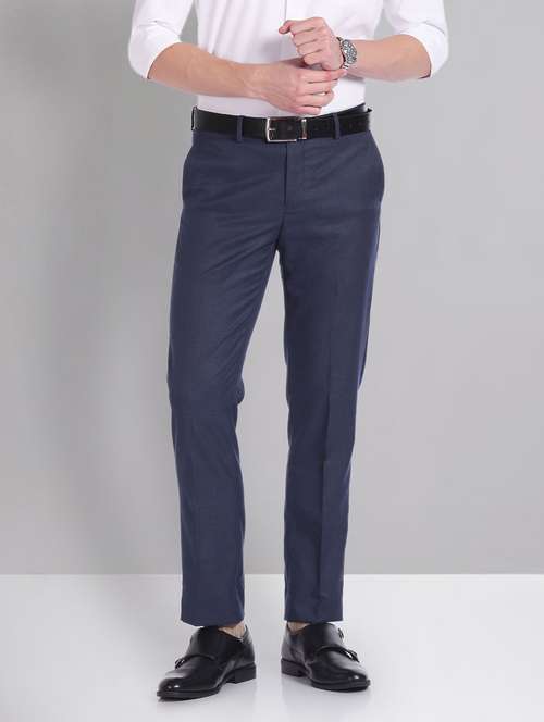 men blue slim fit formal trousers