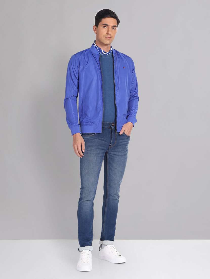 men solid blue bomber jacket - 20609189 - Standard Image - 3