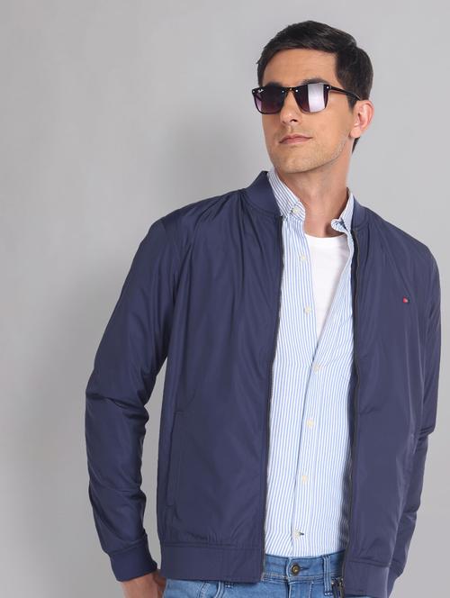 men solid blue bomber jacket - 20609191 - Standard Image - 0