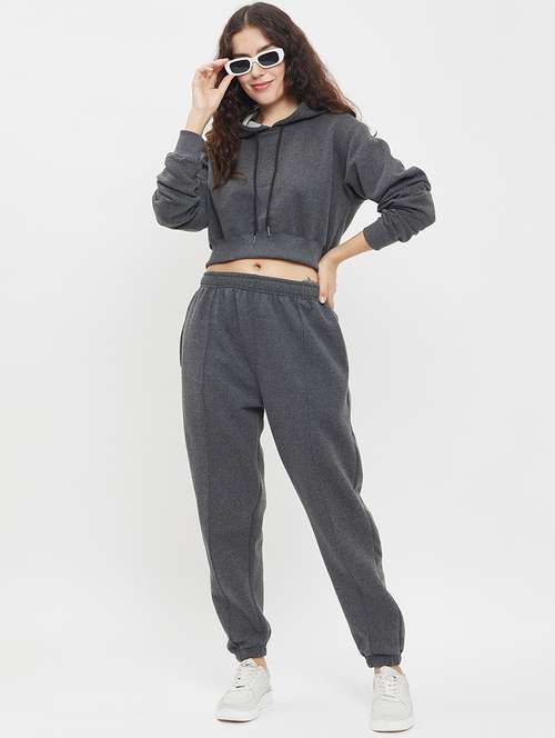 women grey melange fleece co-ord set - 20609270 -  Standard Image - 0