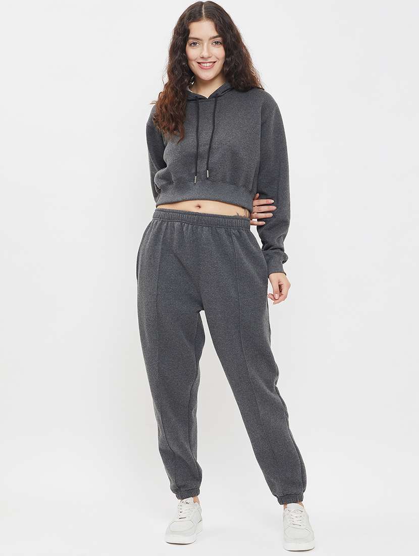 women grey melange fleece co-ord set - 20609270 - Standard Image - 3