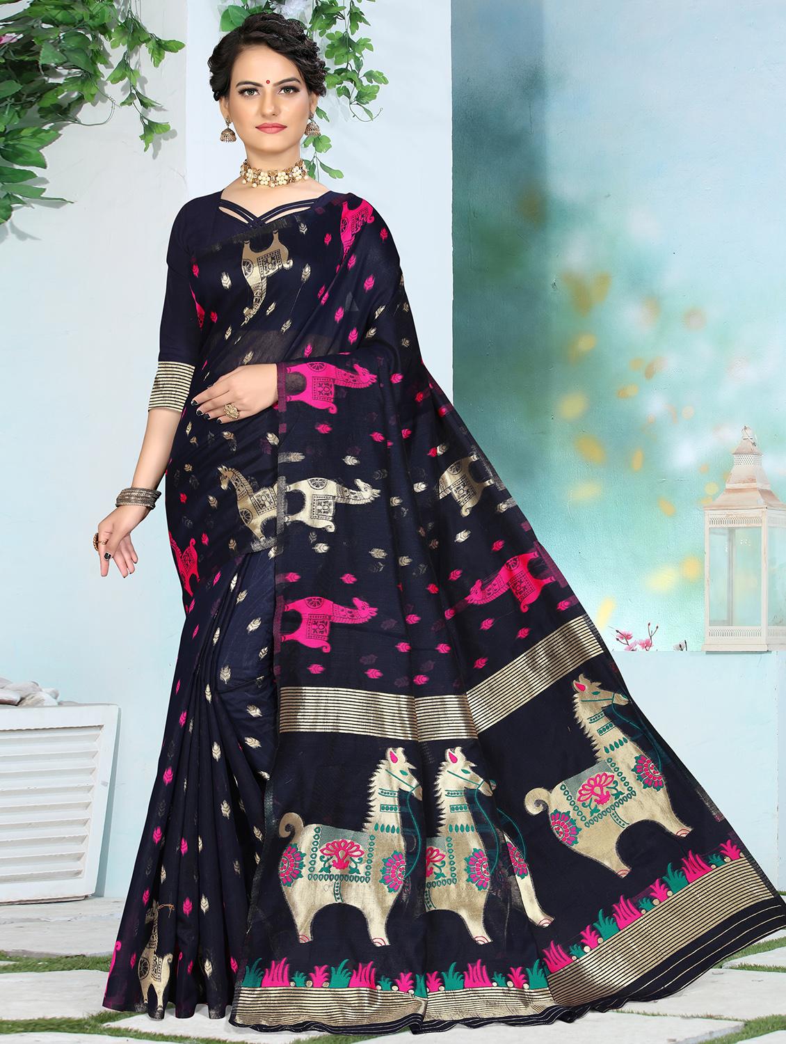 navy blue self design paithani saree with blouse - 20610185 - Zoom Image - 0