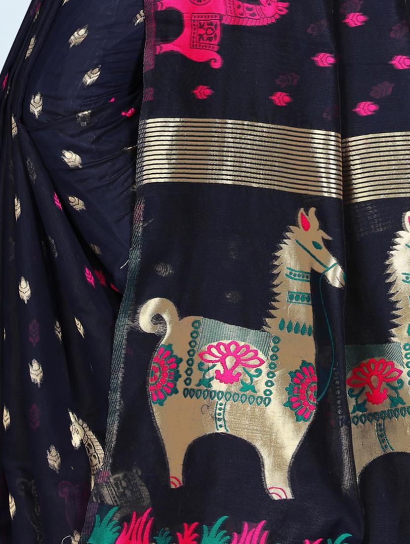 navy blue self design paithani saree with blouse - 20610185 - Standard Image - 3
