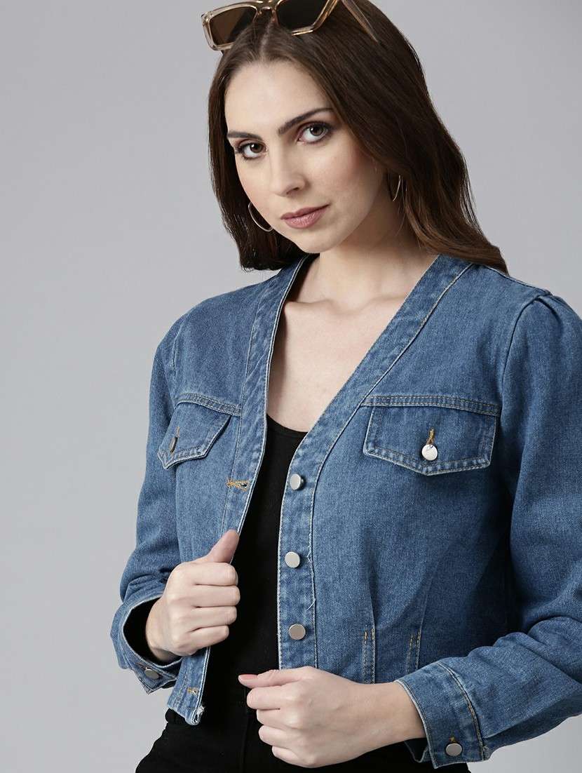 women v-neck blue solid denim jacket - 20610313 - Standard Image - 3