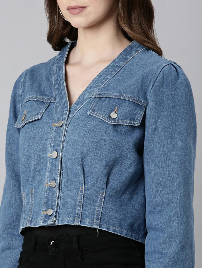 women v-neck blue solid denim jacket - 20610313 - Standard Image - 5