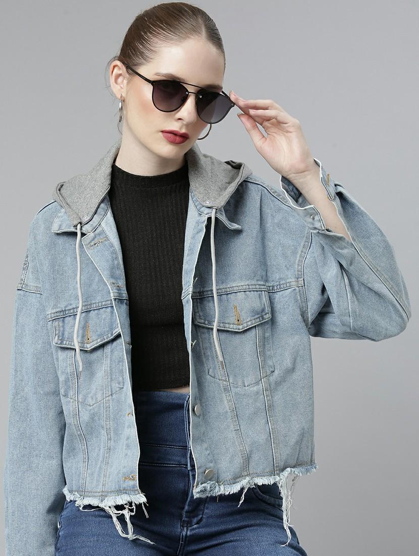 women light blue solid cropped denim jacket - 20610314 - Standard Image - 3