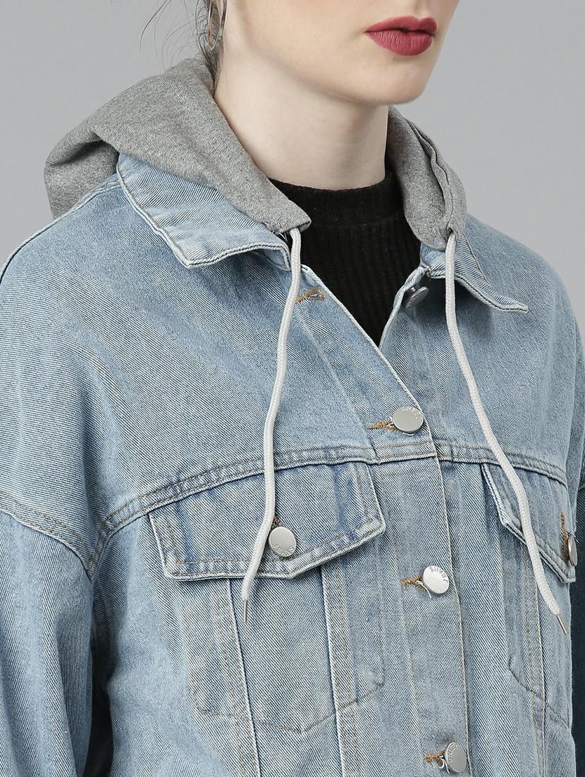 women light blue solid cropped denim jacket - 20610314 - Standard Image - 5