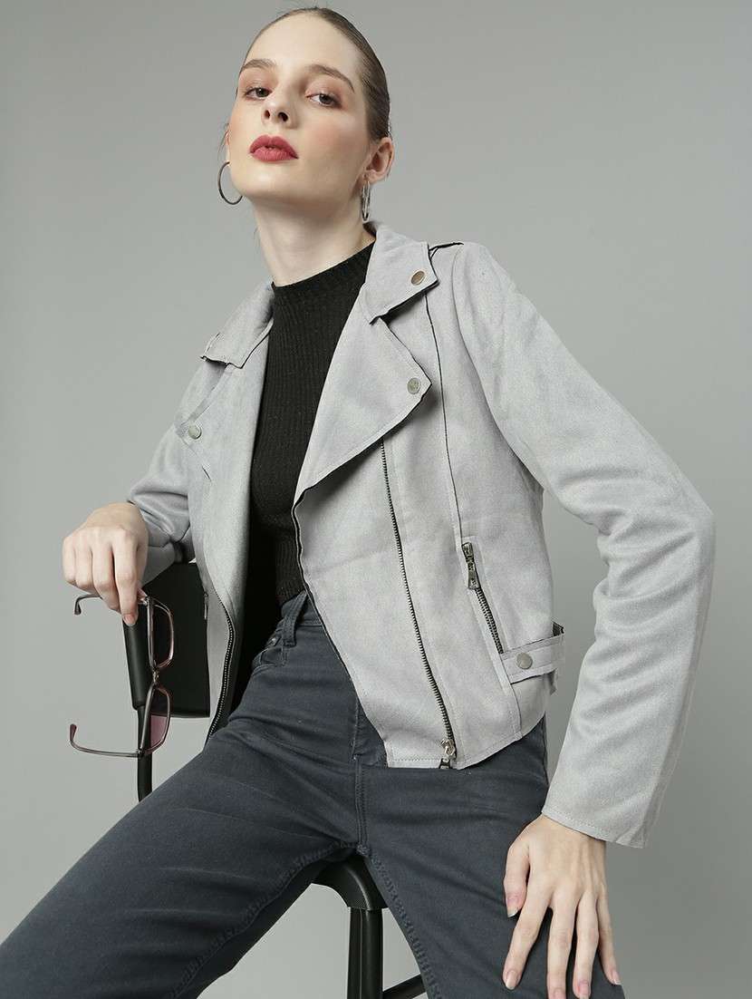 women grey solid regular jacket - 20610322 -  Standard Image - 3