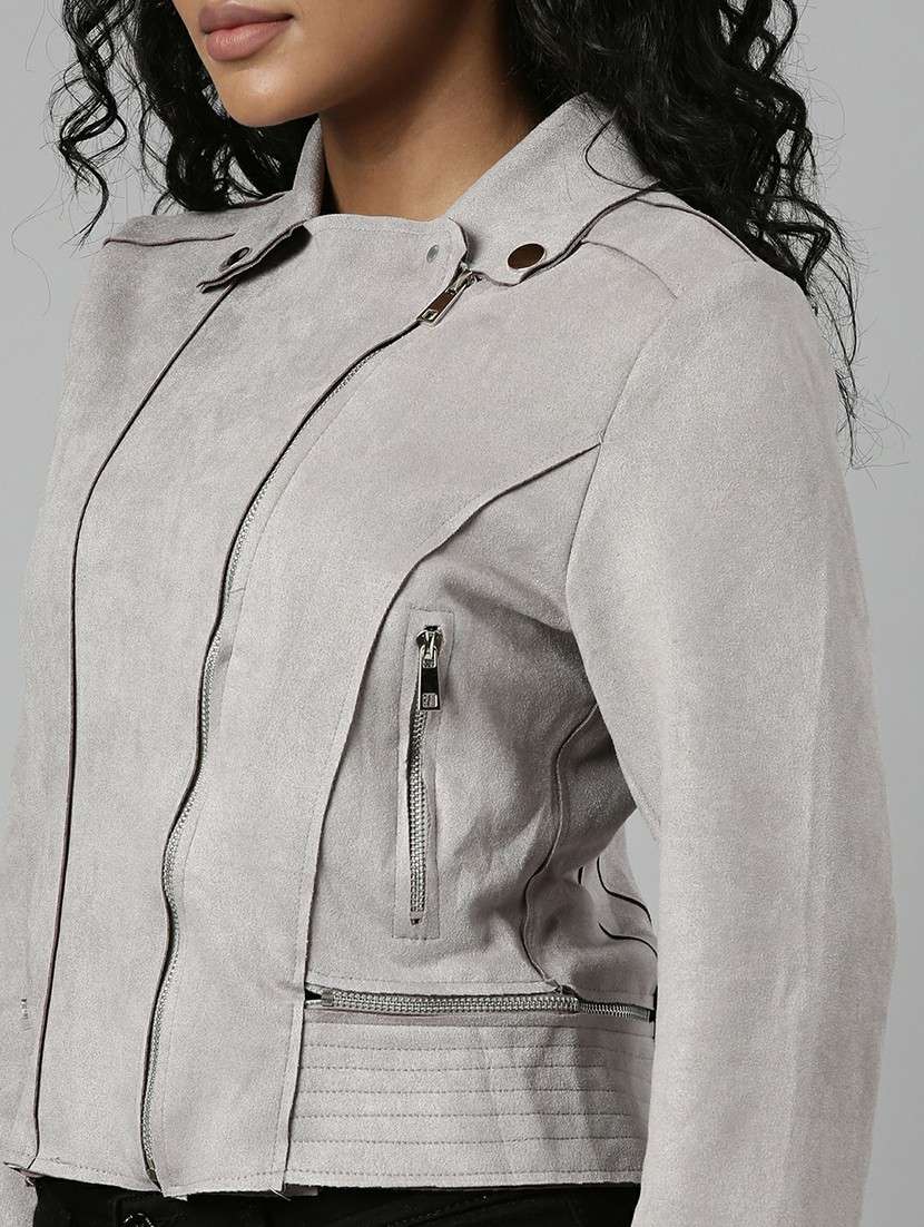 women grey solid regular jacket - 20610323 - Standard Image - 5