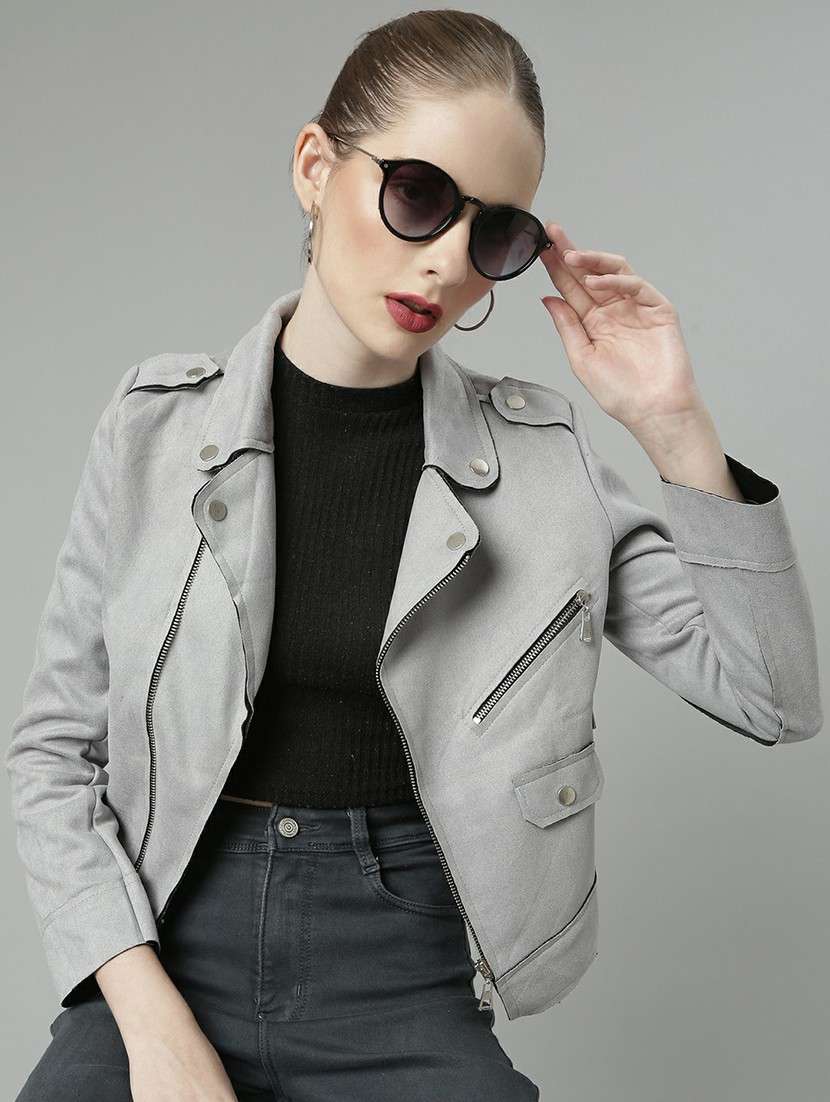 women grey solid regular jacket - 20610328 - Standard Image - 3