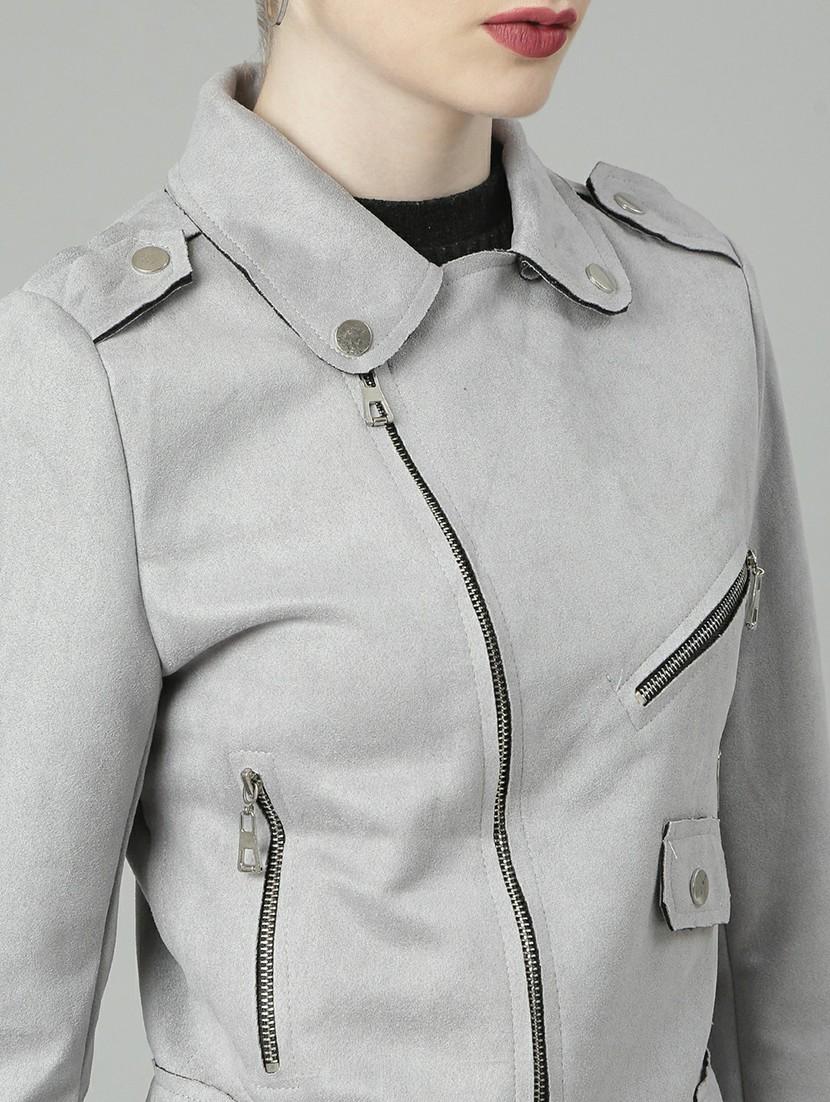 women grey solid regular jacket - 20610328 - Standard Image - 5