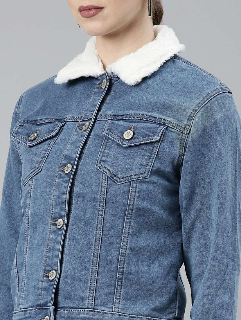 women blue solid denim jacket - 20610343 -  Standard Image - 5