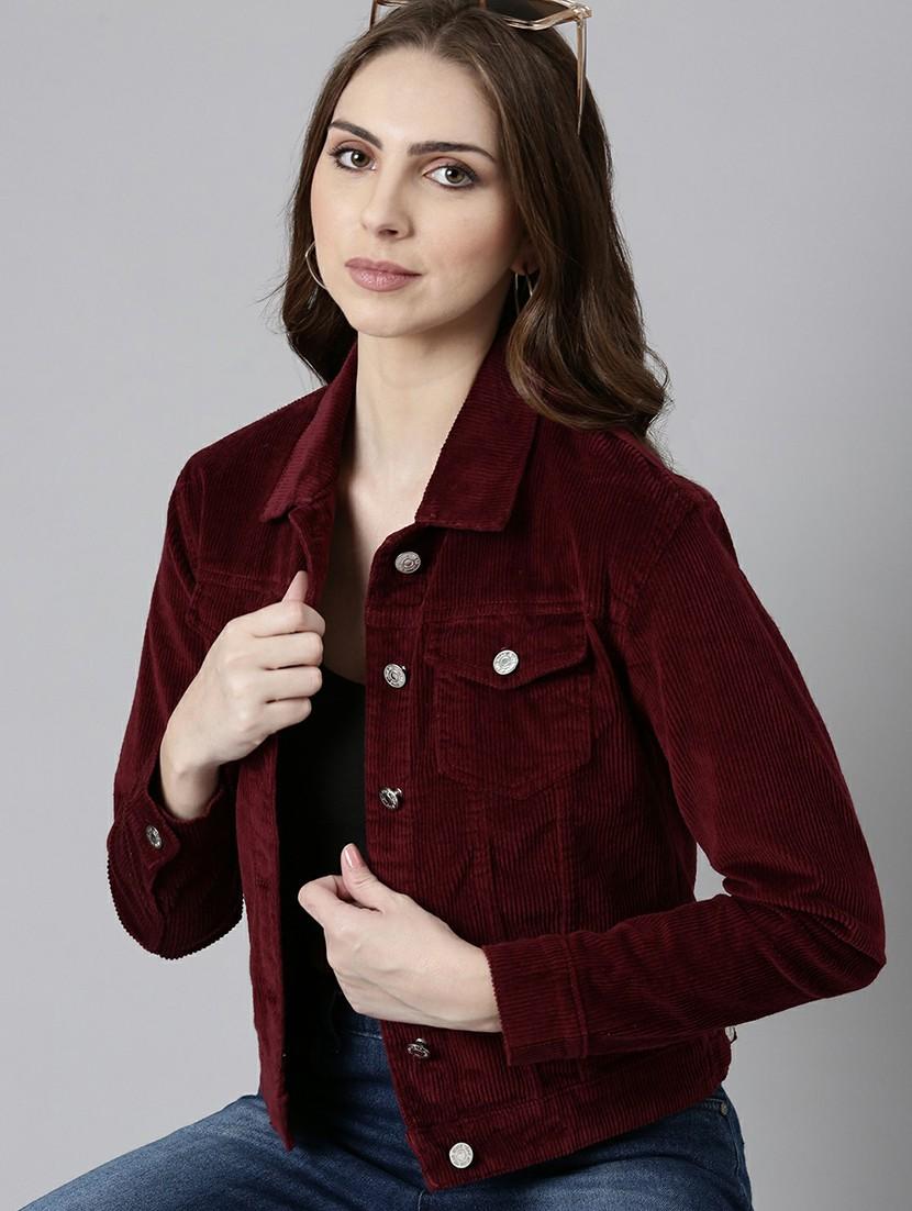 women burgundy solid regular jacket - 20610347 - Standard Image - 3