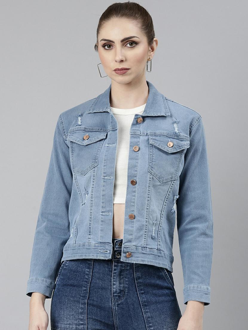 women light blue solid denim jacket - 20610348 - Zoom Image - 0