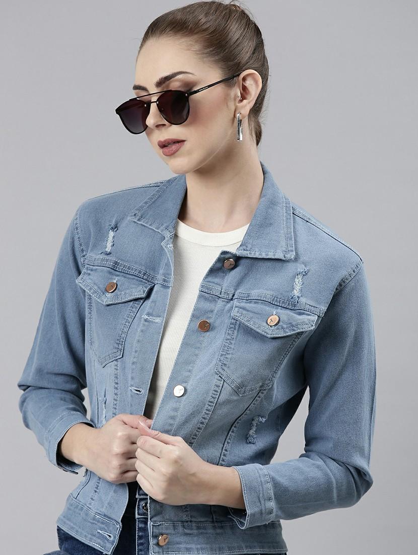 women light blue solid denim jacket - 20610348 - Standard Image - 3