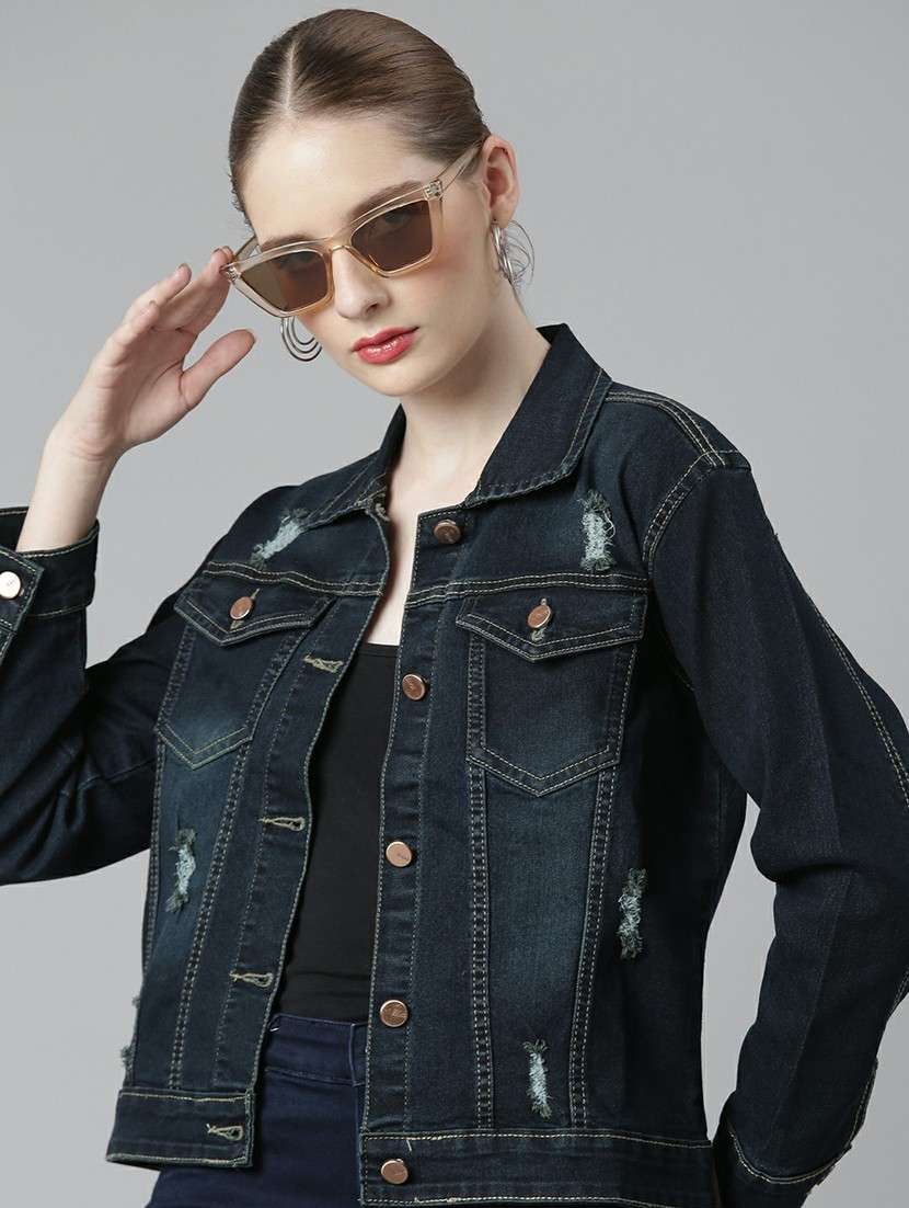 women navy blue solid denim summer jacket - 20610349 -  Standard Image - 3