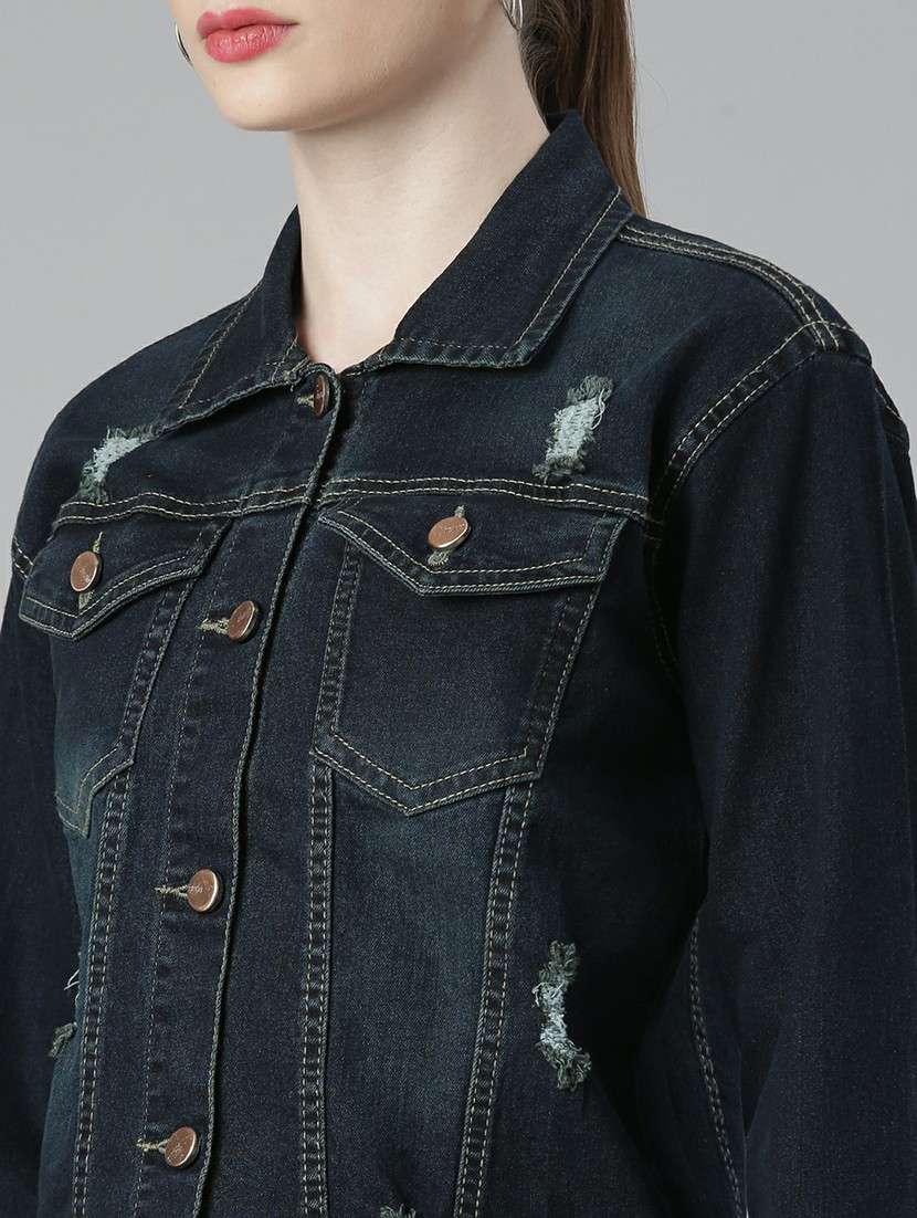 women navy blue solid denim summer jacket - 20610349 -  Standard Image - 5
