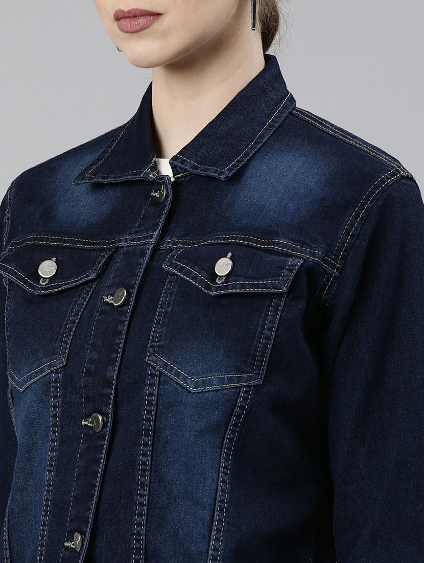women navy blue solid denim jacket - 20610351 - Standard Image - 5