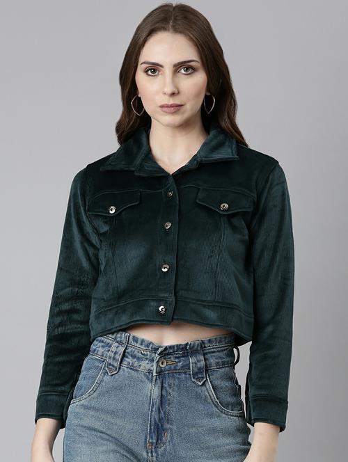 women bottle green solid regular jacket - 20610353 -  Standard Image - 0