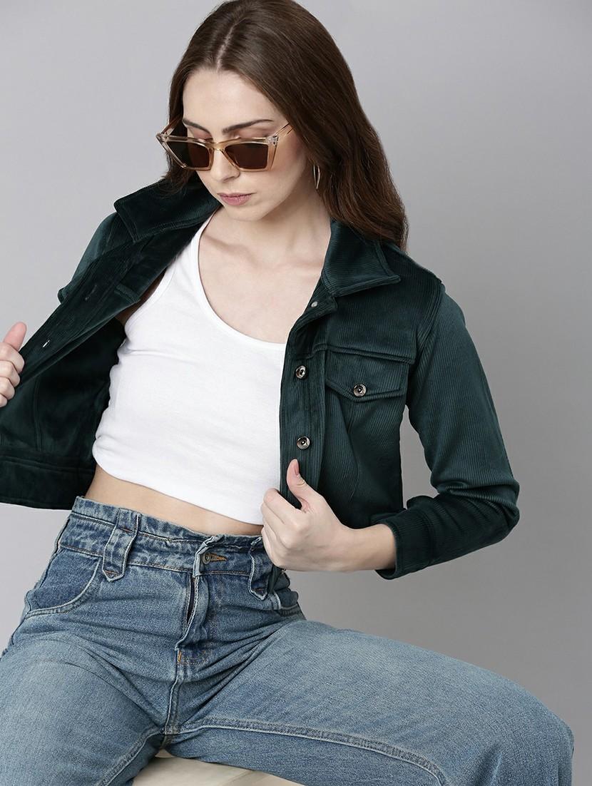 women bottle green solid regular jacket - 20610353 - Standard Image - 3