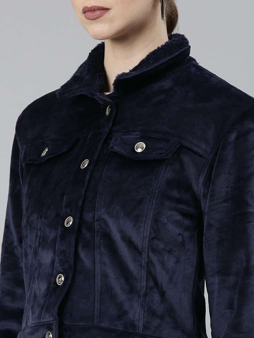 women navy blue solid regular jacket - 20610356 - Standard Image - 5