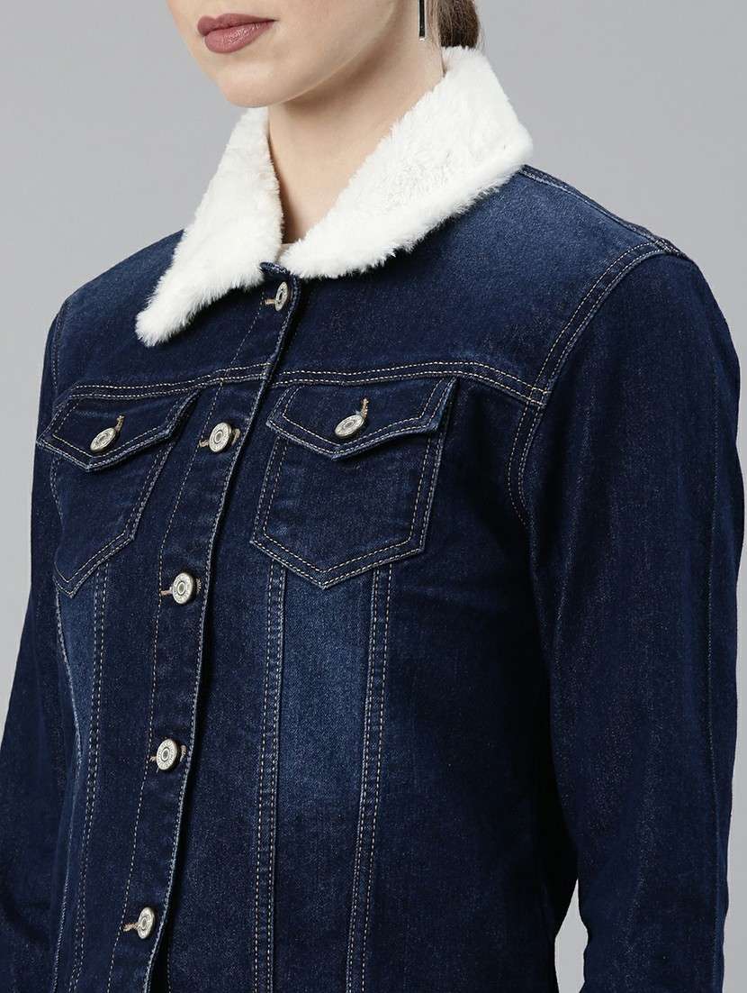 women navy blue solid denim jacket - 20610358 - Standard Image - 5