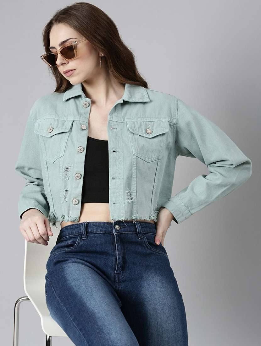 women sea green solid denim jacket - 20610361 -  Standard Image - 3