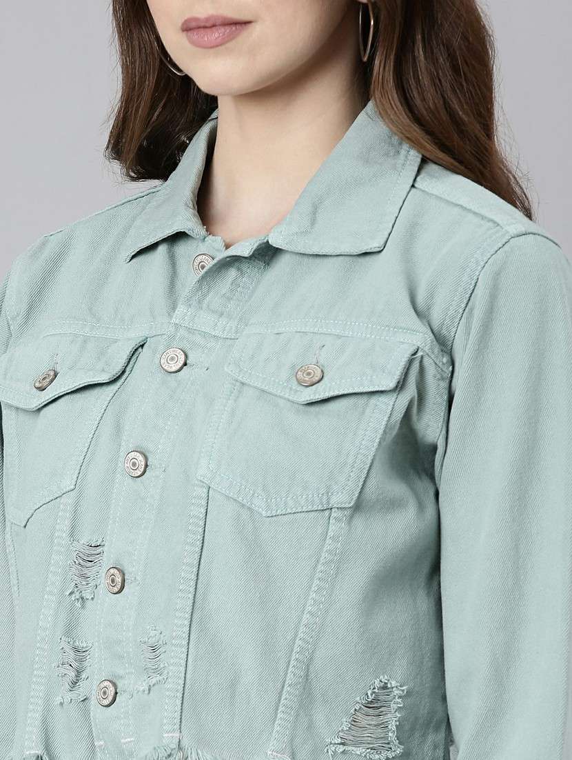 women sea green solid denim jacket - 20610361 -  Standard Image - 5
