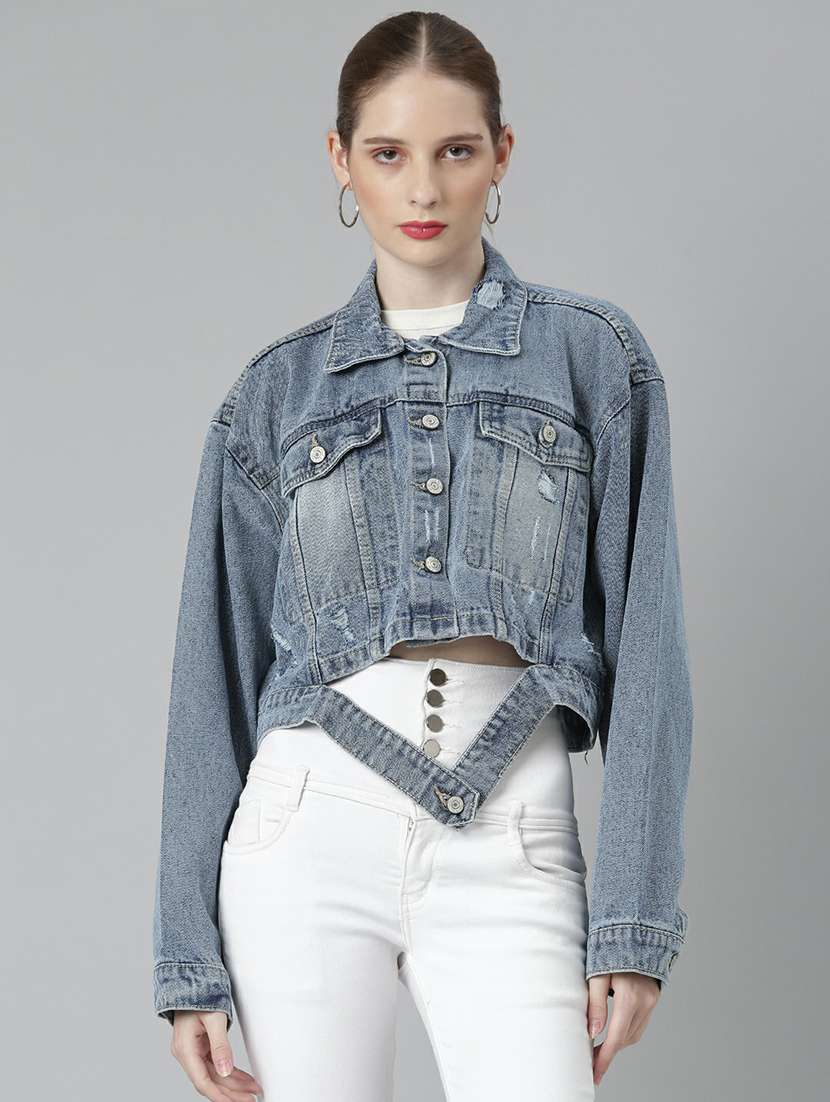women blue solid denim jacket - 20610372 -  Zoom Image - 0