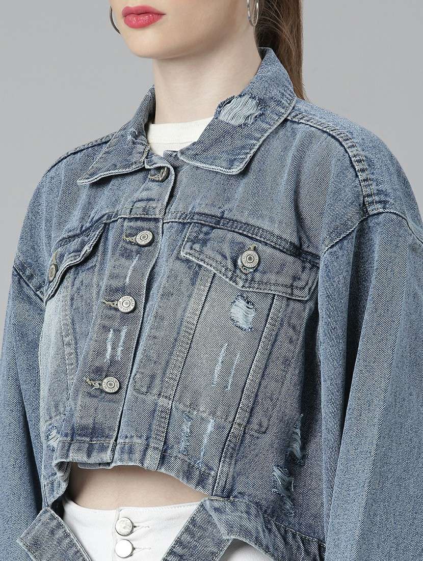 women blue solid denim jacket - 20610372 -  Standard Image - 5