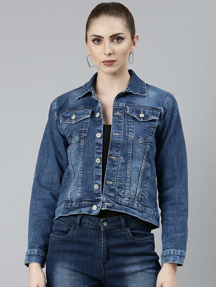 women navy blue solid denim jacket - 20610377 -  Zoom Image - 0