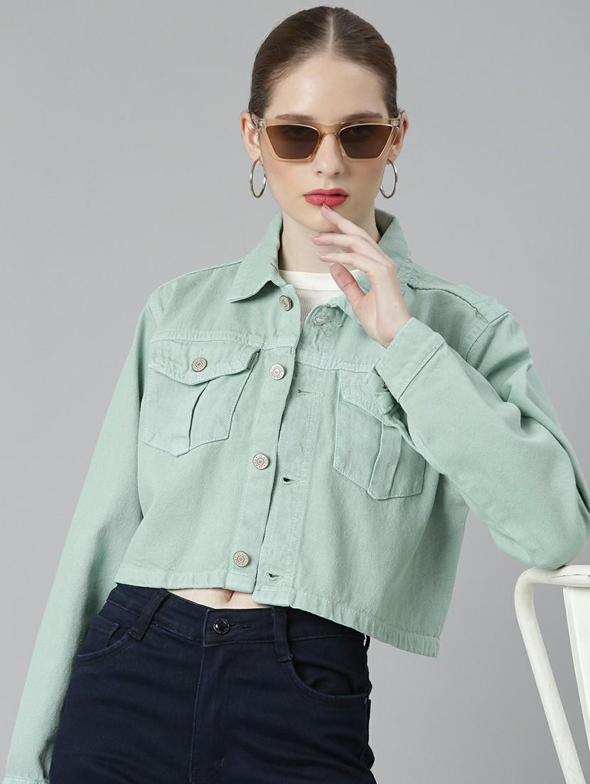 women sea green solid denim jacket - 20610381 - Standard Image - 3