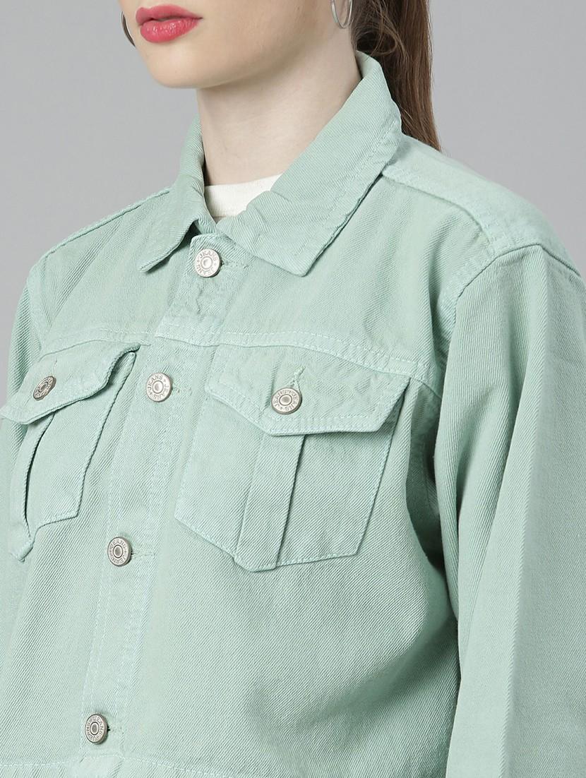 women sea green solid denim jacket - 20610381 - Standard Image - 5