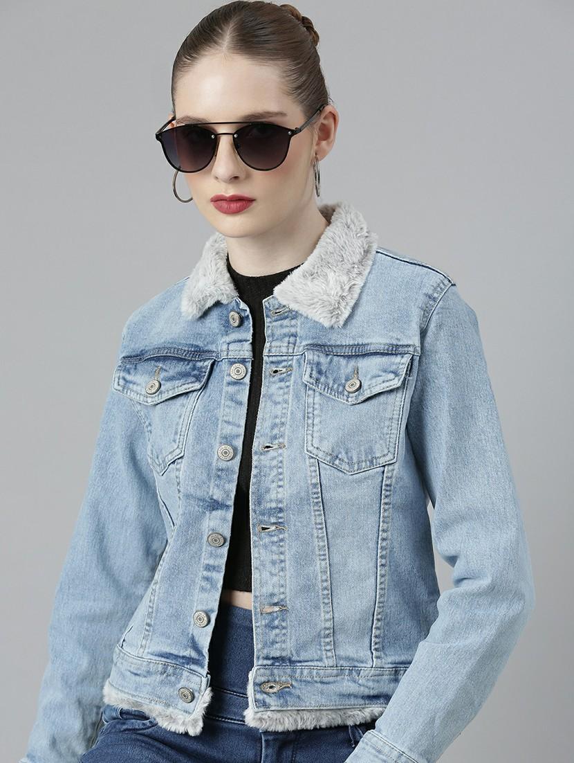 women blue solid denim jacket - 20610385 - Standard Image - 3