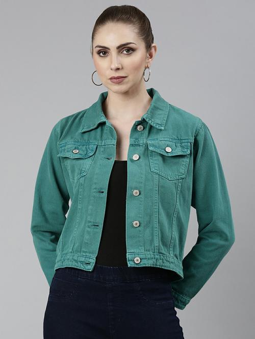 women turquoise solid denim jacket - 20610388 -  Standard Image - 0